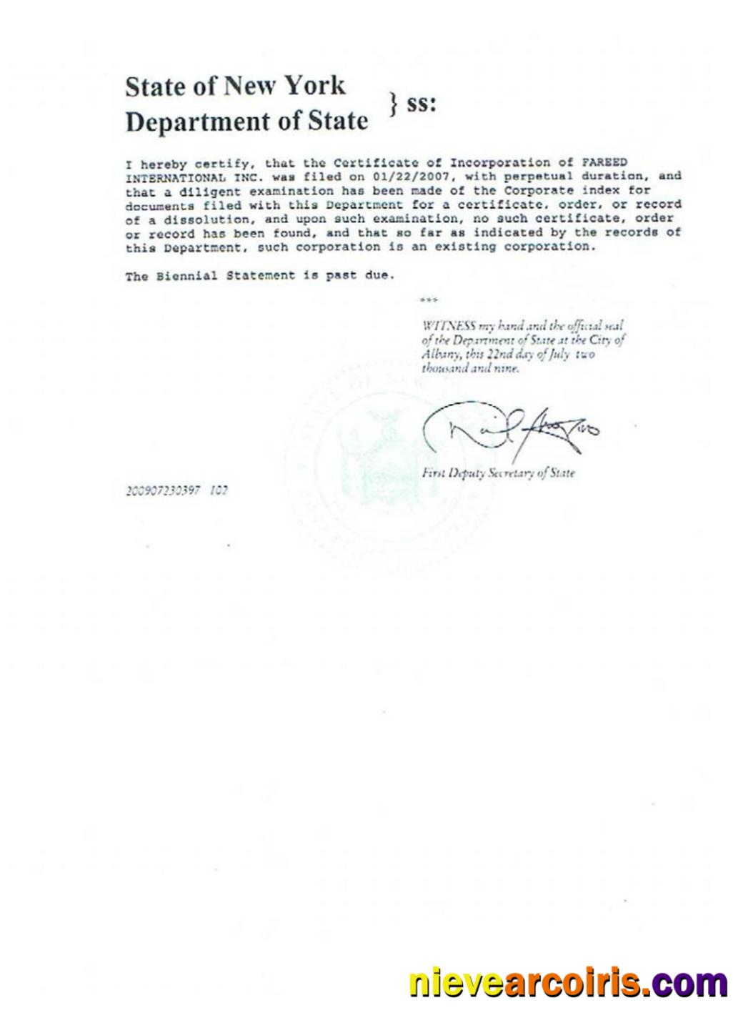 USA New York certificate of good standing